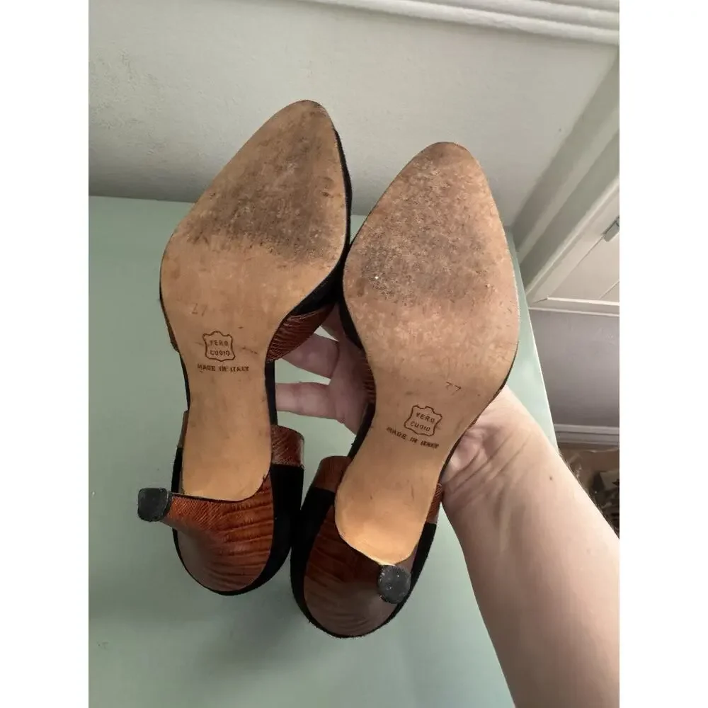 Vintage 90s Cleo Bottier Brown Alligator Black Suede Pumps Italy EU‎ 37 US 6.5